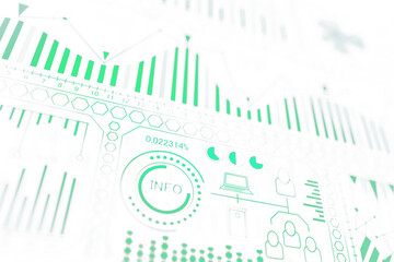 Poster - Green financial charts, graphs, and data icons displayed on an abstract white background, representing business analytics and information visualization