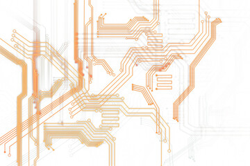 Fototapete - Abstract illustration of a circuit board with orange lines. High-tech, futuristic design on a clean white background. Concept of connectivity