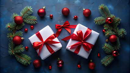 Sticker - Two beautifully wrapped gifts with red ribbons, surrounded by holiday ornaments and pine branches on a blue background.