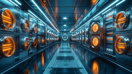 Poster - Futuristic data center operations high-tech facility digital infrastructure neon environment symmetrical view innovation concept