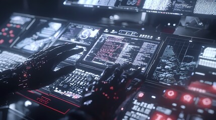 Poster - Cybernetic control operation futuristic command center digital interface high-tech environment close-up view innovation in ai technology