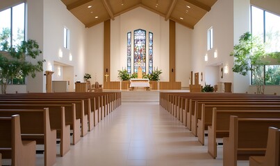 Canvas Print - Modern church interior with stained glass window and wooden pews.