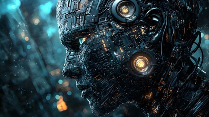 Aufkleber - Futuristic robot creation cyber city digital art sci-fi environment close-up view technology concept