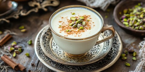 A creamy glass of sahlab, topped with cinnamon powder and crushed pistachios, cozy setting