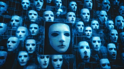Aufkleber - Digital masked faces virtual space graphic art futuristic environment close-up view identity exploration