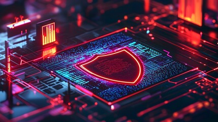 Fototapete - Cybersecurity action digital landscape graphic design futuristic environment close-up viewpoint data protection concept