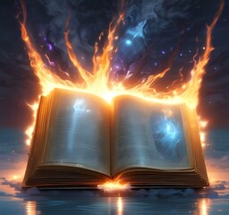 Wall Mural - Illustration of glowing magic spell book with sparks and lights.