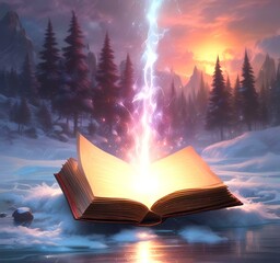 Wall Mural - Illustration of glowing magic spell book with sparks and lights.