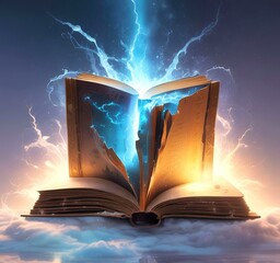 Wall Mural - Illustration of glowing magic spell book with sparks and lights.