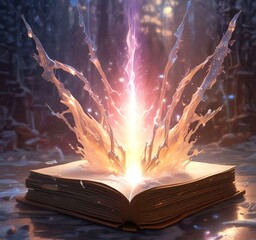 Wall Mural - Illustration of glowing magic spell book with sparks and lights.