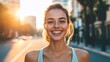 © NEW STUDIO - Portrait of smiling sportswoman enjoying golden hour in city