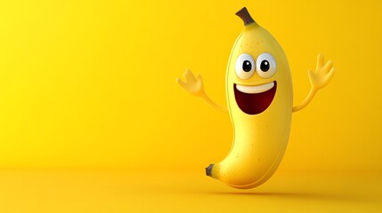 Canvas Print - A happy, cartoon banana with arms waving,  on a yellow background.