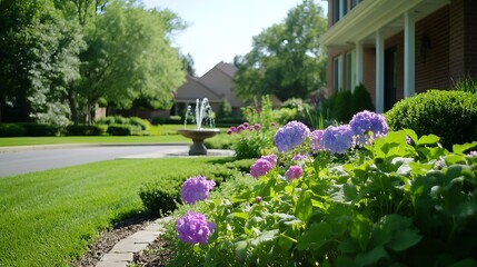 Poster - Suburban home with vibrant flower garden and fountain.