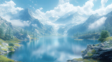 Wall Mural - majestic mountain landscape with serene lake and dramatic clouds over snow-capped peaks in a tranqui