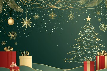 Wall Mural - green christmas background with golden snowflakes 