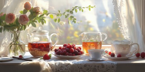 Breakfast spread with oatmeal, berries, and herbal tea, surrounded by soft morning light, calm and energizing,