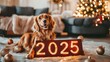 © cvetikmart - Festive 2025 sign in a cozy living room with warm lighting and a playful pet adding charm to the New Year's Eve celebration. Christmas, New Year's Eve