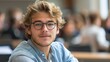 © Pat J. - Intelligent-looking young male student, focused and determined, seated in a university classroom setting