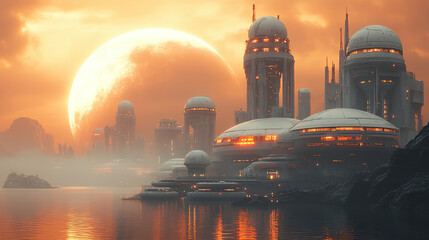 futuristic city skyline illuminated by sunset with large celestial body above and reflections on cal