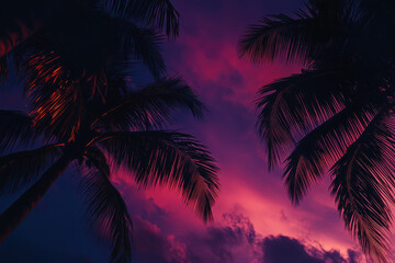 Canvas Print - A vibrant sunset scene with silhouetted palm trees against a colorful sky.