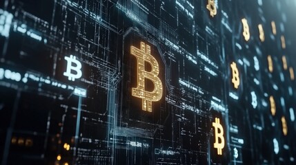 Blockchain network visualized on a digital screen with cryptographic icons