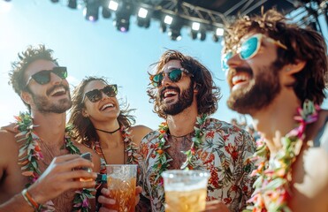 A group of friends joyfully celebrating and enjoying the sun at an outdoor summer festival with refreshing drinks and floral attire, capturing the essence of carefree happiness and togetherness.