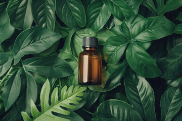 Poster - A small amber glass bottle surrounded by lush green leaves, suggesting natural products.