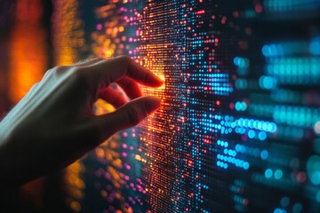 Hand interacting with glowing big data screen, visualizing complex information flow in cybersecurity or software development