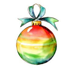 Wall Mural - Watercolor painting of a colorful Christmas bauble with a teal ribbon.