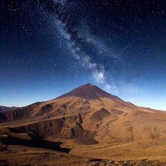 Sticker - A desolate mountain with a crater at its summit, where dark energy pulses and sends flashes of light into the night sky.