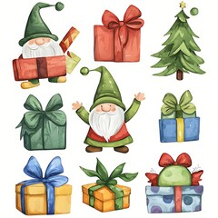 Wall Mural - Watercolor Christmas Gnomes, Presents, and Christmas Tree Clipart Set.