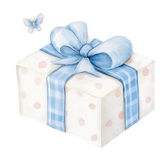 Wall Mural - Watercolor illustration of a gift box with a blue ribbon and bow, decorated with polka dots, and a small butterfly.