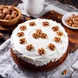 © LIGHTFIELD STUDIOS - A top-down view of a rustic carrot cake with cream cheese frosting and walnut pieces, with the cake in sharp focus and the surrounding kitchen setting and background gently blurred, highlighting the h