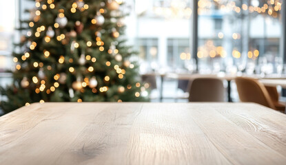 Wall Mural - empty wooden table with a blurred christmas tree background