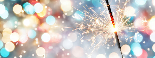Wall Mural - close-up of a sparkler glowing against a festive blurred background