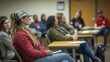 © SYAFI STUDIOS - A woman sits in a classroom listening intently, with a group of diverse students behind her.