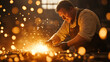 © Thamrong - A rustic workspace featuring a blacksmith forging a decorative iron piece over glowing coals. The sparks and warm tones of the fire reflect the raw, authentic process of traditional handmade