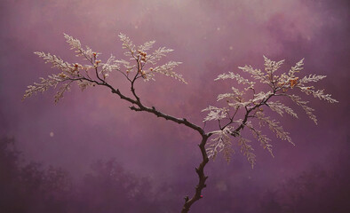Poster - Tree with branches and leaves is shown in a purple background. The leaves are frosted and the branches are bare