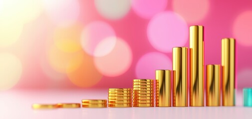 Poster - SEO relevance concept. A vibrant display of golden coins and bars on a soft, colorful background, symbolizing wealth, prosperity, and financial growth.