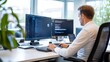 © GenerativeAIpicture - Professional Male Software Developer Working on Code at Modern Office Desk Featuring Multiple Monitors and a Clean Workspace
