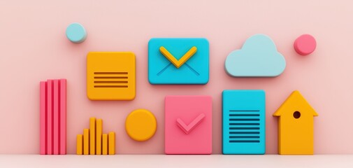 Leinwandbilder - SEO relevance concept. A colorful arrangement of geometric shapes representing communication, data, and technology, featuring icons like email, cloud storage, and charts.