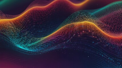 Wall Mural - digital illustration of waves and particles. curvy wireframe on bright gradient background