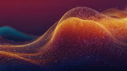 Sticker - digital illustration of waves and particles. curvy wireframe on bright gradient background