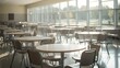© F - Empty school cafeteria tables during off-peak hours, a serene moment of reflection on the passage of time and the transient nature of youth.