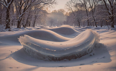 Poster - Large ice sculpture is in the snow. It is shaped like a heart. The snow is white and the ice is clear