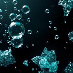 Wall Mural - Water bubbles dance in a clear blue liquid, reflecting the light