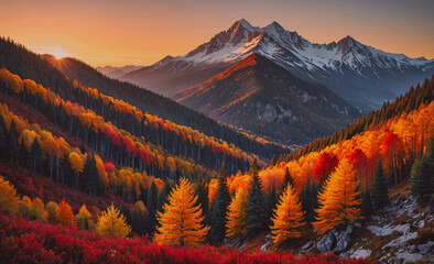 Fototapete - Mountain range with a sunset in the background. The mountains are covered in trees and the trees are orange and yellow