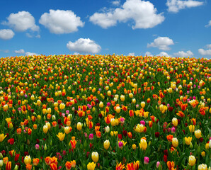 Wall Mural - tulips field and white clouds