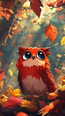 Wall Mural - A vivid owl with large eyes sits on a branch, surrounded by vibrant autumn leaves. The forest glows with warm light, creating a serene atmosphere