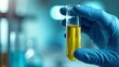 © Trust Fish - Detailed view of a gloved hand showcasing a yellow chemical test tube in a lab